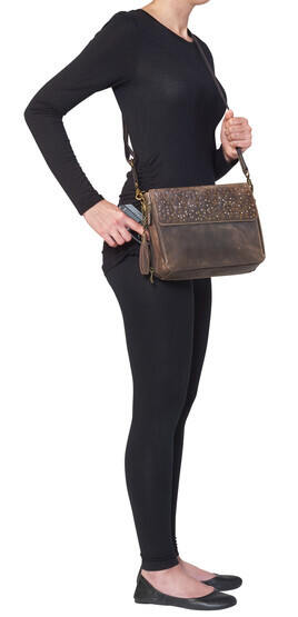 Gun Tote'n Mamas Distressed Buffalo Leather Shoulder Clutch in Brown has hammered multi-color rivets